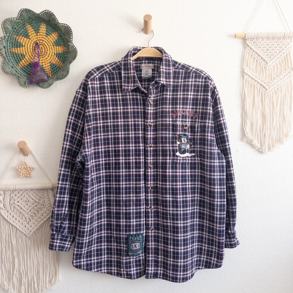 Disney Mickey Mouse Ski Heavy Flannel Casual Button Down Shirt Size Large Men's